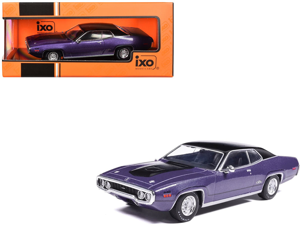 1971 Plymouth GTX Purple Metallic with Black Vinyl Top and Black Hood Stripe 1/43 Diecast Model Car by IXO Models-IXO-ModelCars.com