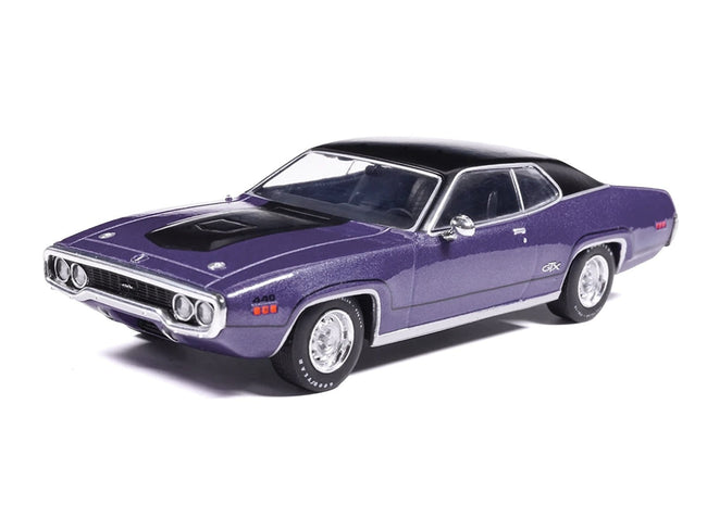 1971 Plymouth GTX Purple Metallic with Black Vinyl Top and Black Hood Stripe 1/43 Diecast Model Car by IXO Models-IXO-ModelCars.com