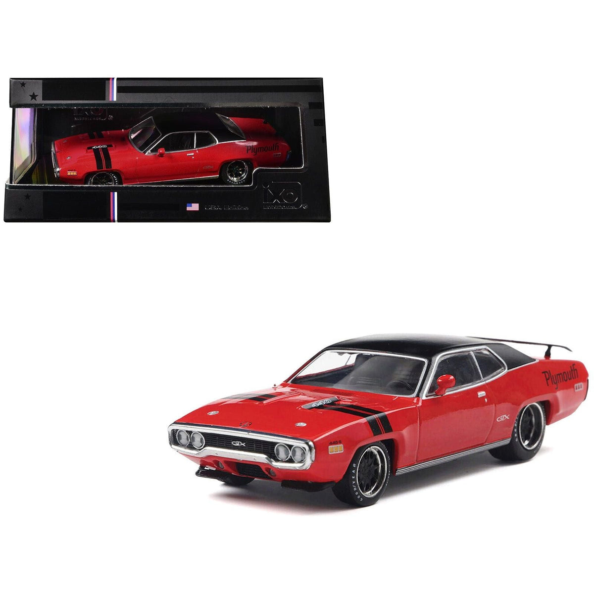 1971 Plymouth GTX Rally Red with Black Top and Stripes 1/43 Diecast Model by IXO Models-IXO-ModelCars.com