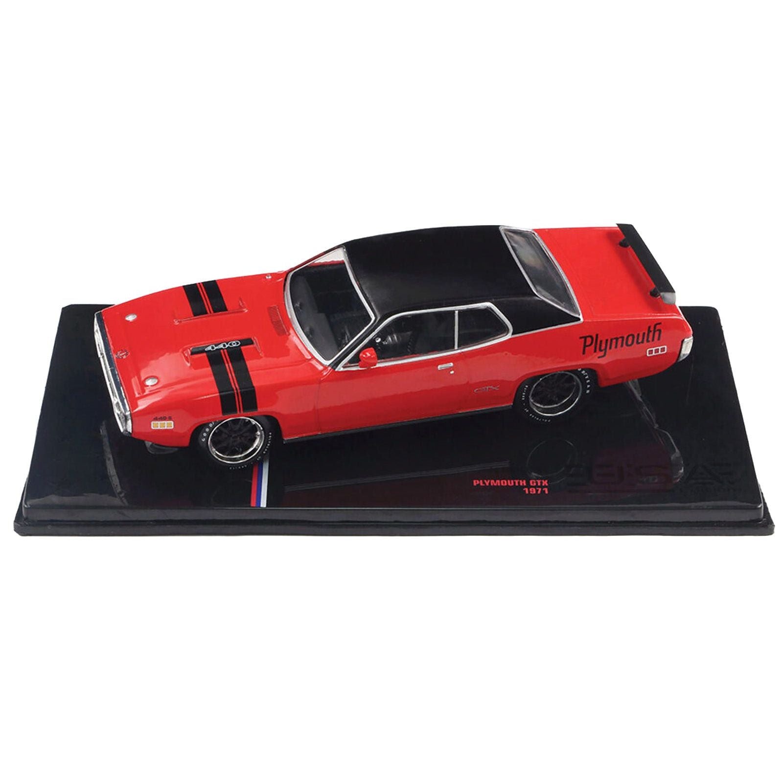 1971 Plymouth GTX Rally Red with Black Top and Stripes 1/43 Diecast Model by IXO Models - IXO - ModelCars.com