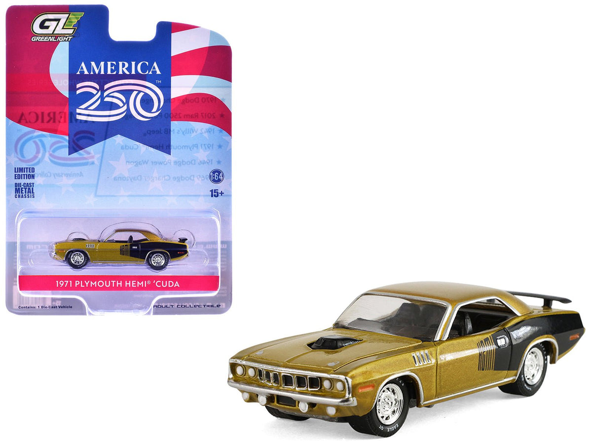 1971 Plymouth Hemi â€˜Cuda Gold Metallic with Black Accents "America 250 Edition" "Anniversary Collection" Series 18 1/64 Diecast Model Car by Greenlight-Greenlight-ModelCars.com