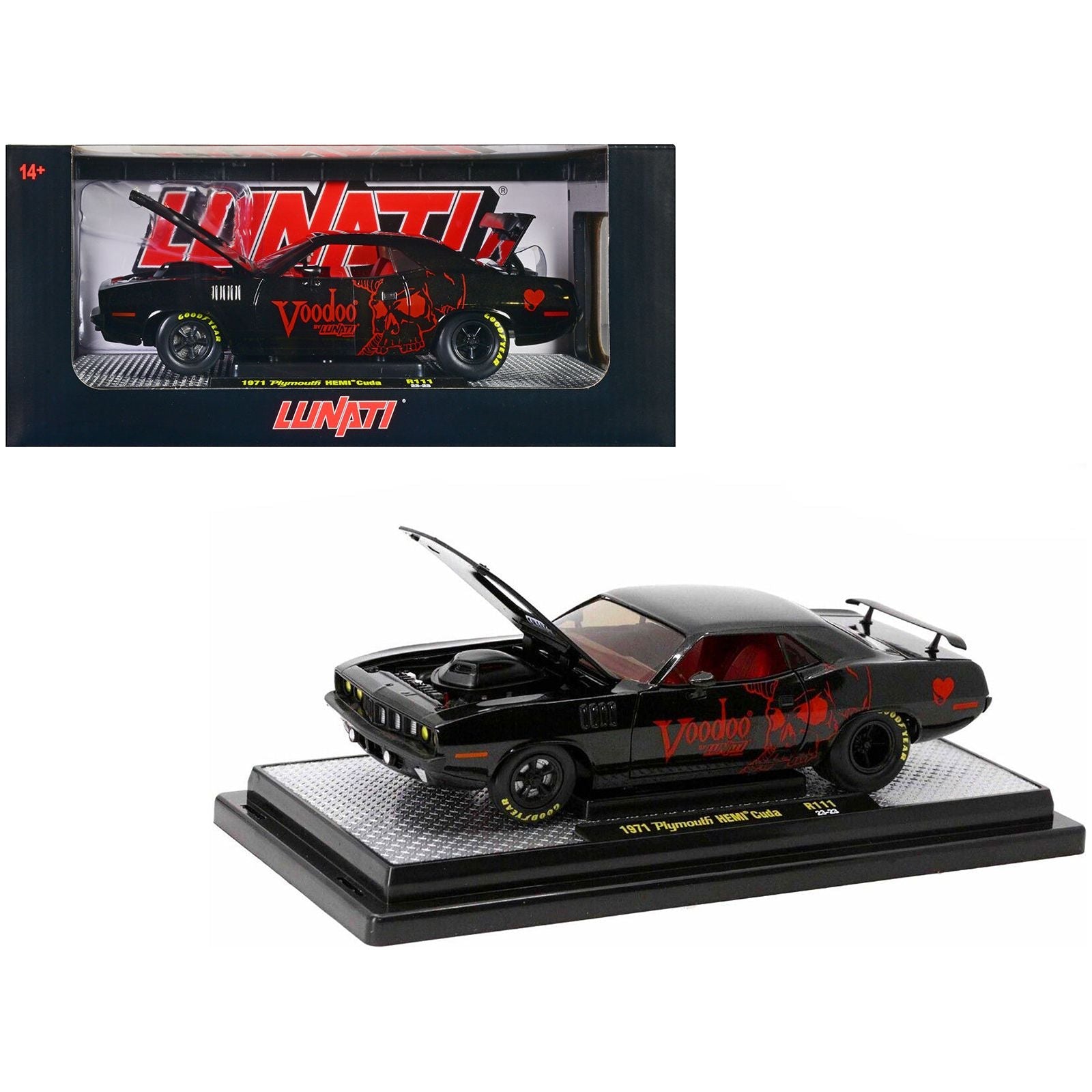 1971 Plymouth Hemi Barracuda Black Metallic with Red Interior "Voodoo by Lunati" Limited Edition to 6650 pieces Worldwide 1/24 Diecast Model Car by M2 Machines - M2 - ModelCars.com