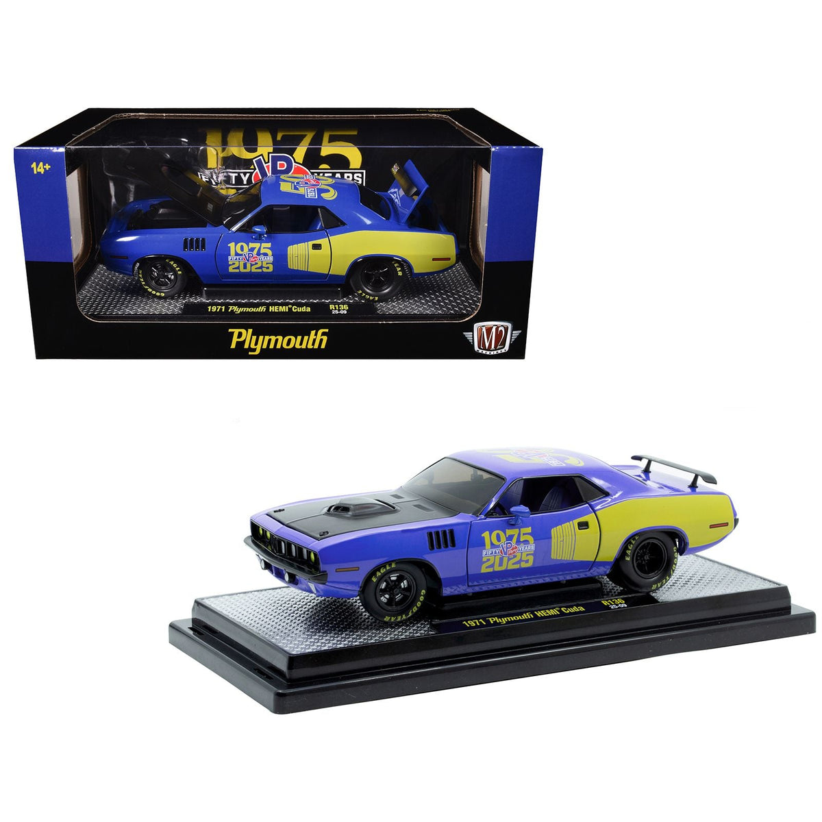 1971 Plymouth Hemi Cuda "VP Racing 50 Years" Blue with Yellow Sides Limited Edition to 8650 pieces Worldwide 1/24 Diecast Model Car by M2 Machines-M2-ModelCars.com