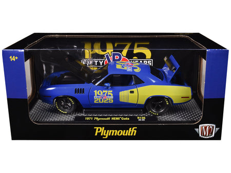 1971 Plymouth Hemi Cuda "VP Racing 50 Years" Blue with Yellow Sides Limited Edition to 8650 pieces Worldwide 1/24 Diecast Model Car by M2 Machines-M2-ModelCars.com