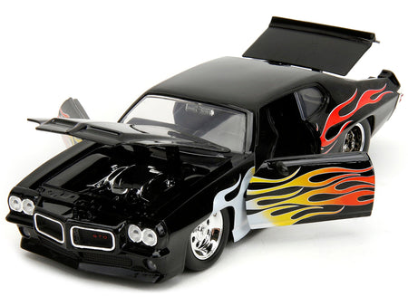 1971 Pontiac GTO Black with Flame Graphics "Bigtime Muscle" Series 1/24 Diecast Model Car by Jada-Jada-ModelCars.com