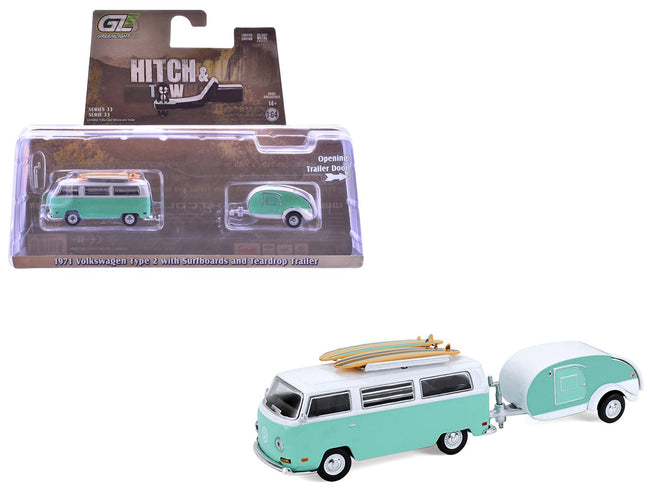 1971 Volkswagen Type 2 Van Seafoam Green and White with Surfboards and Teardrop Trailer "Hitch & Tow" Series 33 1/64 Diecast Model Cars by Greenlight-Greenlight-ModelCars.com
