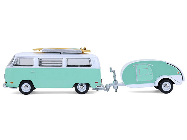1971 Volkswagen Type 2 Van Seafoam Green and White with Surfboards and Teardrop Trailer "Hitch & Tow" Series 33 1/64 Diecast Model Cars by Greenlight-Greenlight-ModelCars.com