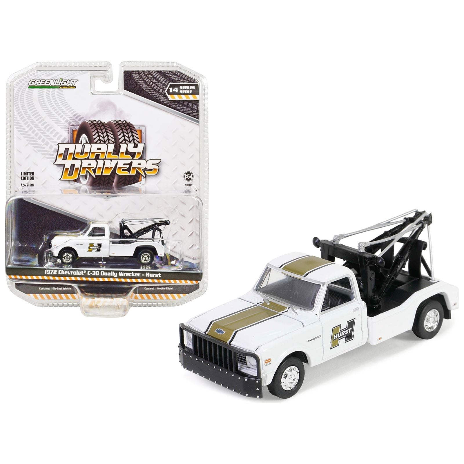 1972 Chevrolet C - 30 Dually Wrecker Tow Truck White with Gold Stripes "Hurst" "Dually Drivers" Series 14 1/64 Diecast Model Car by Greenlight - Greenlight - ModelCars.com