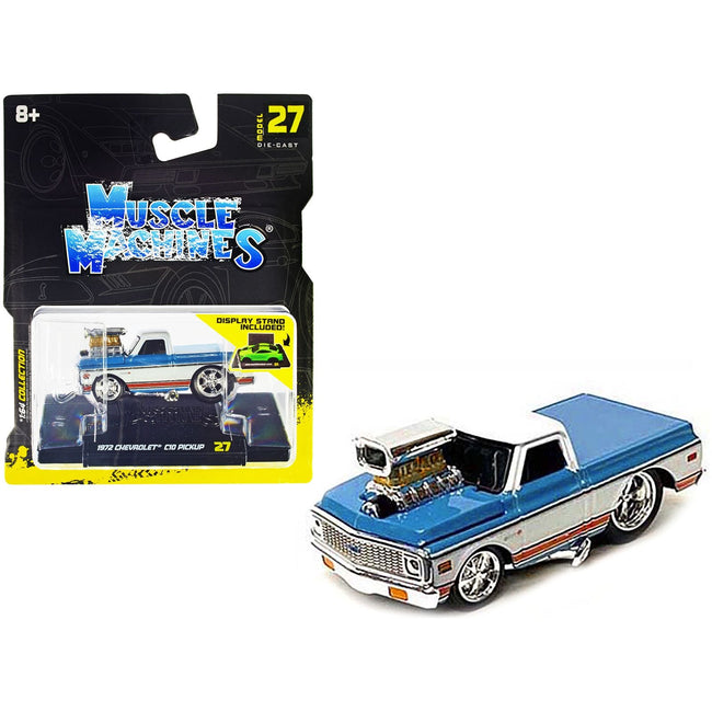 1972 Chevrolet C10 Pickup Truck Blue and White with Stripes 1/64 Diecast Model Car by Muscle Machines - Muscle Machines - ModelCars.com