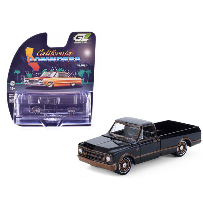 1972 Chevrolet C10 Pickup Truck Lowrider Black with Bronze Stripes "California Lowriders" Series 7 1/64 Diecast Model Car by Greenlight-Greenlight-ModelCars.com