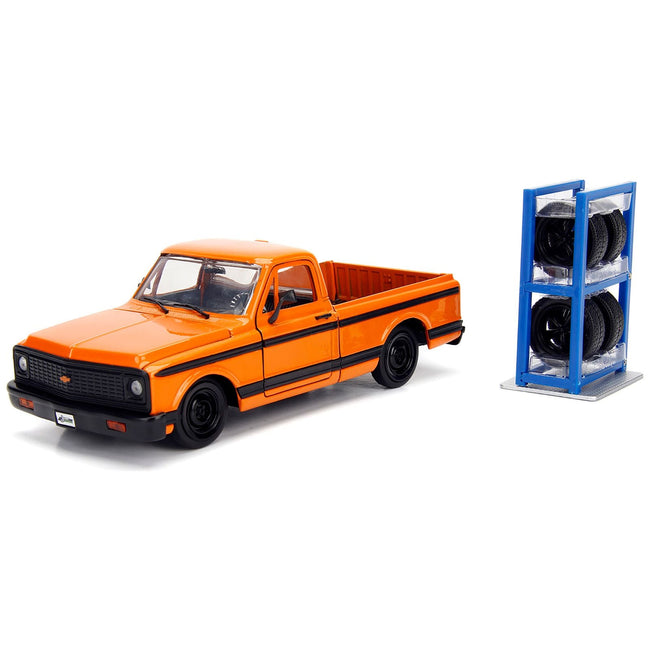 1972 Chevrolet Cheyenne Pickup Truck Orange with Black Stripes and Extra Wheels "Just Trucks" Series 1/24 Diecast Model Car by Jada - Jada - ModelCars.com
