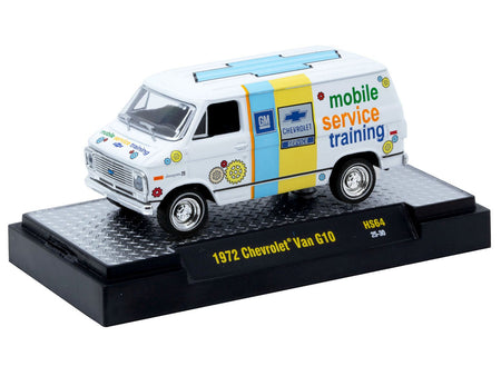 1972 Chevrolet G10 Van "Chevrolet Mobile Service Training" White with Graphics Limited Edition to 4400 pieces Worldwide 1/64 Diecast Model Car by M2 Machines-M2-ModelCars.com