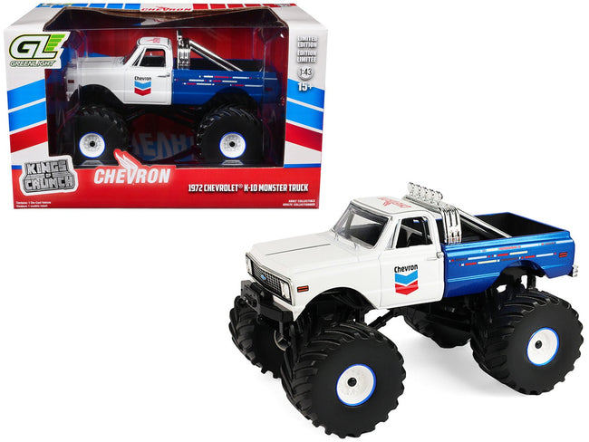 1972 Chevrolet K-10 Monster Truck "Chevron 150th Anniversary" White and Blue Metallic "Kings of Crunch" Series 1/43 Diecast Model Car by Greenlight-Greenlight-ModelCars.com