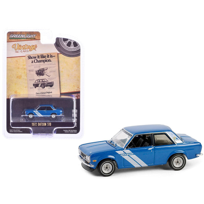 1972 Datsun 510 Blue Metallic with White Stripes "Show it Like it is - a Champion" "Vintage Ad Cars" Series 11 1/64 Diecast Model Car by Greenlight-Greenlight-ModelCars.com