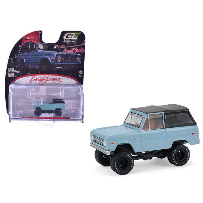 1972 Ford Bronco Custom SUV Light Blue with Black Top "Barrett-Jackson" Series 16 1/64 Diecast Model Car by Greenlight-Greenlight-ModelCars.com