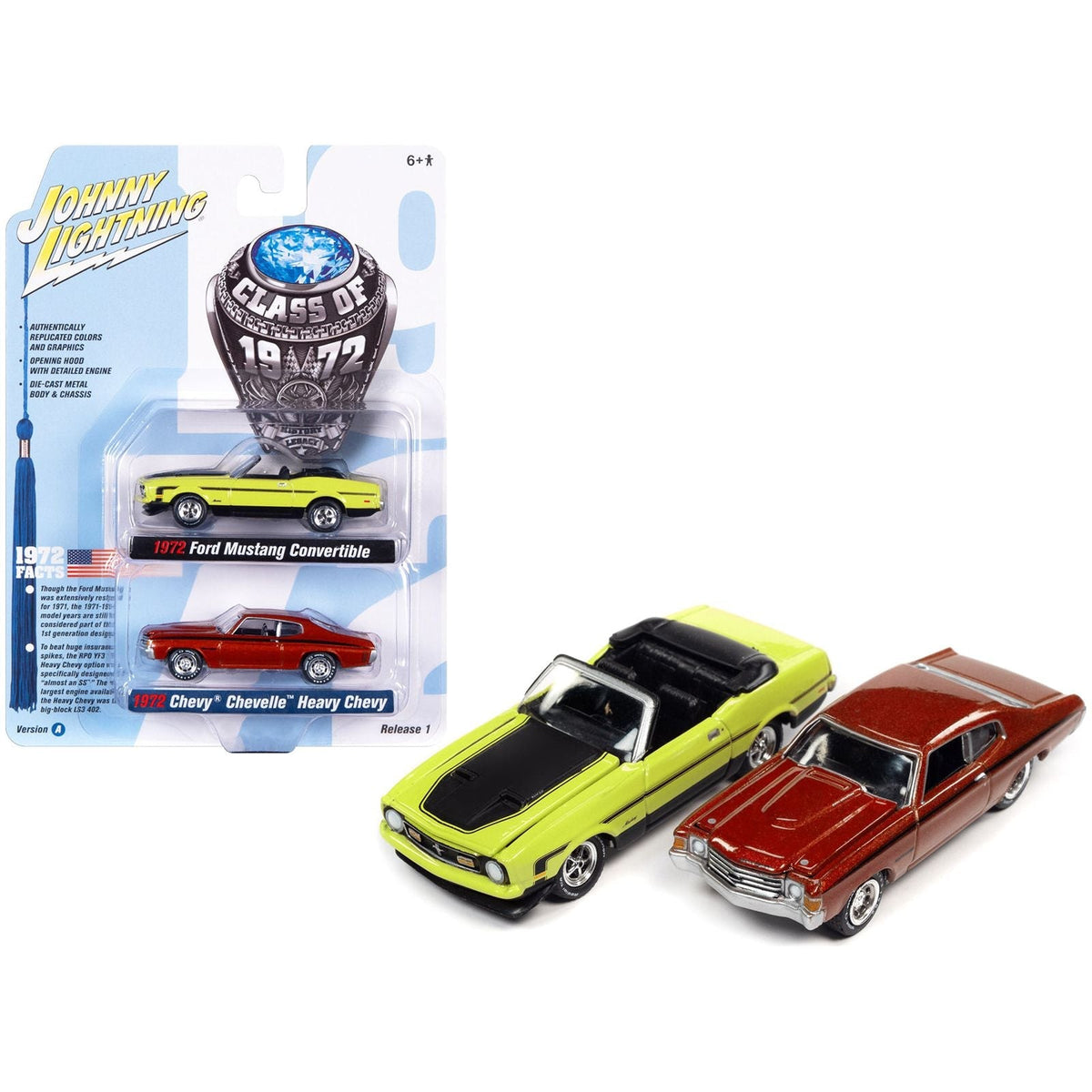 1972 Ford Mustang Convertible Bright Lime Green with Black Hood and Stripes and 1972 Chevrolet Chevelle SS Heavy Chevy Orange Flame Metallic with Black Stripes "Class of 1972" Set of 2 Cars 1/64 Diecast Model Cars by Johnny Lightning-Johnny Lightning-ModelCars.com