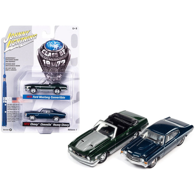 1972 Ford Mustang Convertible Dark Green Metallic with Silver Hood and Stripes and 1972 Chevrolet Chevelle SS Heavy Chevy Fathom Blue Metallic with White Stripes "Class of 1972" Set of 2 Cars 1/64 Diecast Model Cars by Johnny Lightning - Johnny Lightning - ModelCars.com