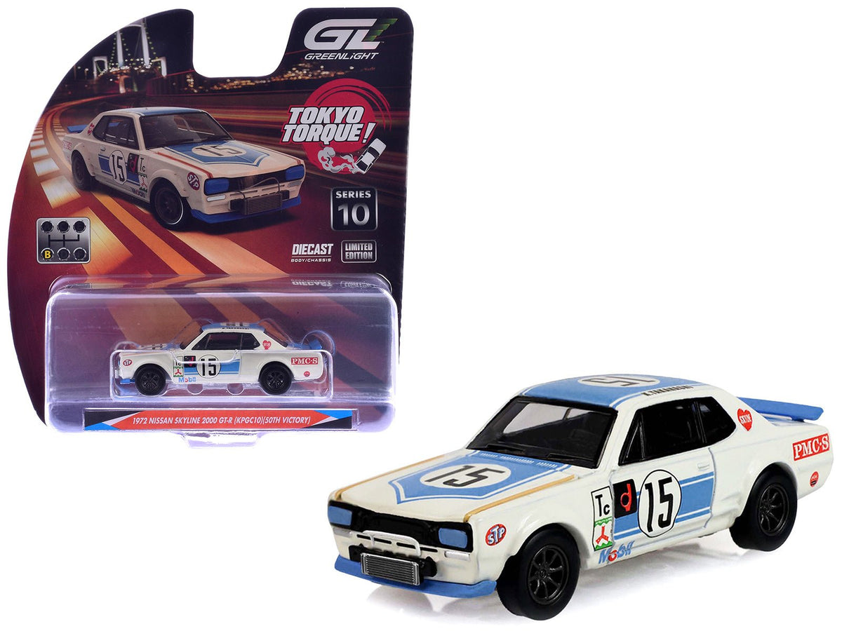 1972 Nissan Skyline 2000 GT-R (KPGC10) RHD (Right Hand Drive) 15 Kunimitsu Takahashi "50th Victory" White with Blue Stripe "Tokyo Torque" Series 10 1/64 Diecast Model Car by Greenlight-Greenlight-ModelCars.com