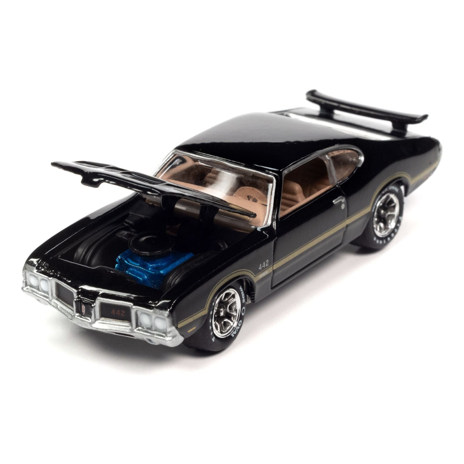 1972 Oldsmobile 442 W - 30 Ebony Black with Gold Metallic Stripes Limited Edition to 2620 pieces Worldwide "OK Used Cars" 2023 Series 1/64 Diecast Model Car by Johnny Lightning - Johnny Lightning - ModelCars.com