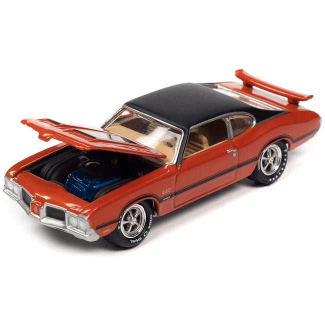 1972 Oldsmobile 442 W-30 Flame Orange Metallic with Matt Black Top and Stripes Limited Edition to 2620 pieces Worldwide "OK Used Cars" 2023 Series 1/64 Diecast Model Car by Johnny Lightning-Johnny Lightning-ModelCars.com