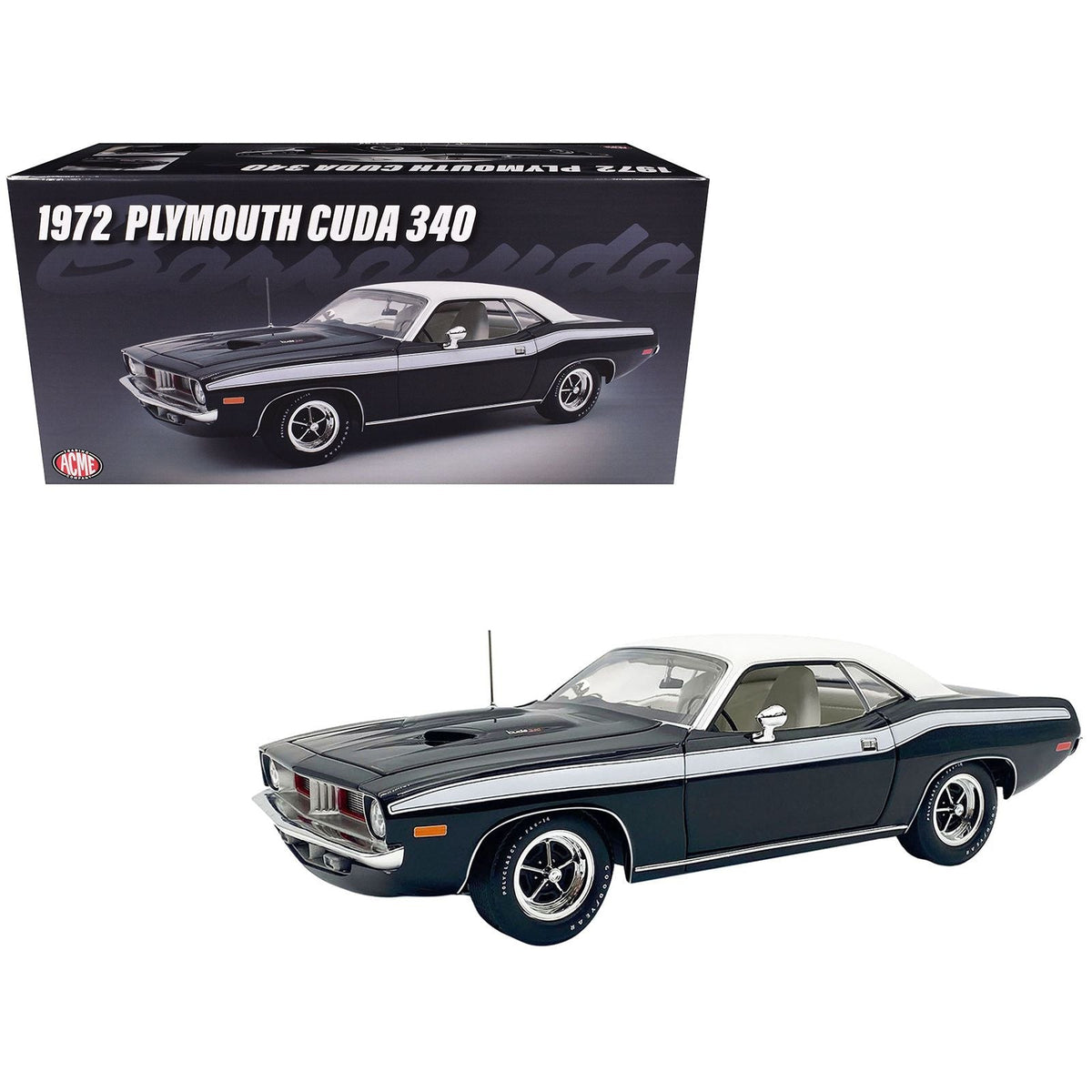 1972 Plymouth Cuda 340 Black with White Stripes Top and Interior Limited Edition to 490 pieces Worldwide 1/18 Diecast Model Car by ACME-Acme-ModelCars.com