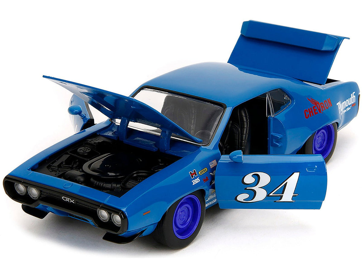 1972 Plymouth GTX #34 Blue with Graphics "Bigtime Muscle" Series 1/24 Diecast Model Car by Jada-Jada-ModelCars.com