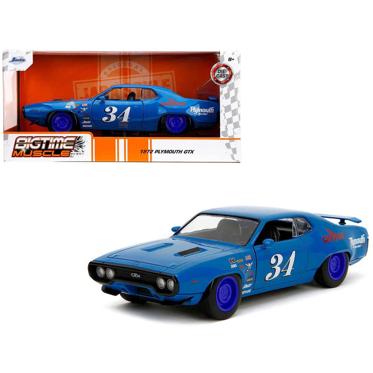 1972 Plymouth GTX #34 Blue with Graphics "Bigtime Muscle" Series 1/24 Diecast Model Car by Jada-Jada-ModelCars.com
