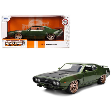 1972 Plymouth GTX Green Metallic with Matt Black Hood and Gold Stripes "Bigtime Muscle" Series 1/24 Diecast Model Car by Jada-Jada-ModelCars.com
