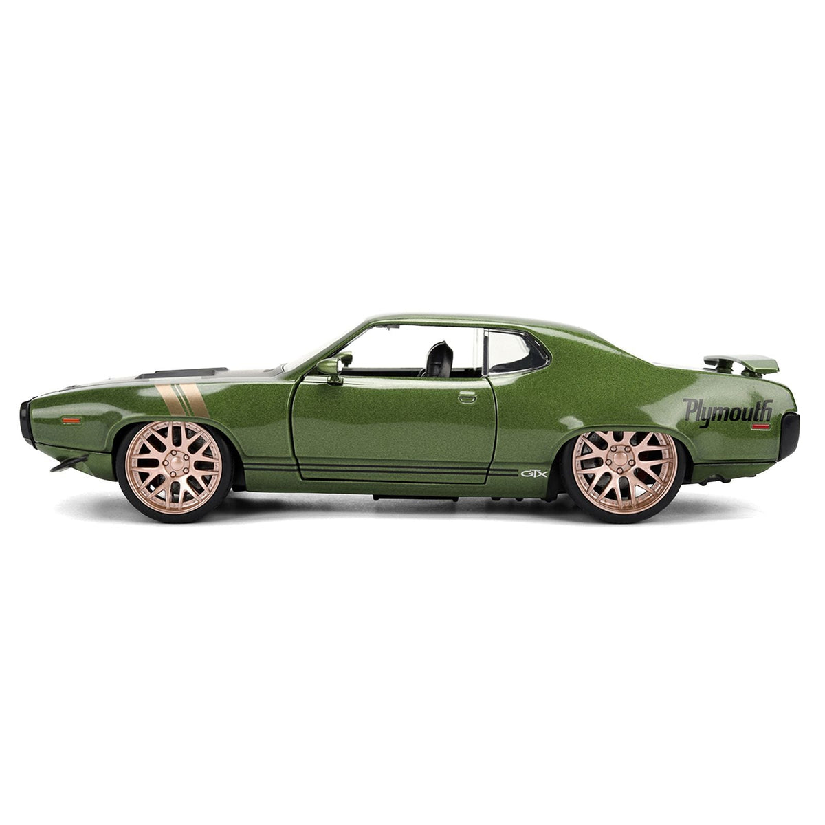 1972 Plymouth GTX Green Metallic with Matt Black Hood and Gold Stripes "Bigtime Muscle" Series 1/24 Diecast Model Car by Jada-Jada-ModelCars.com