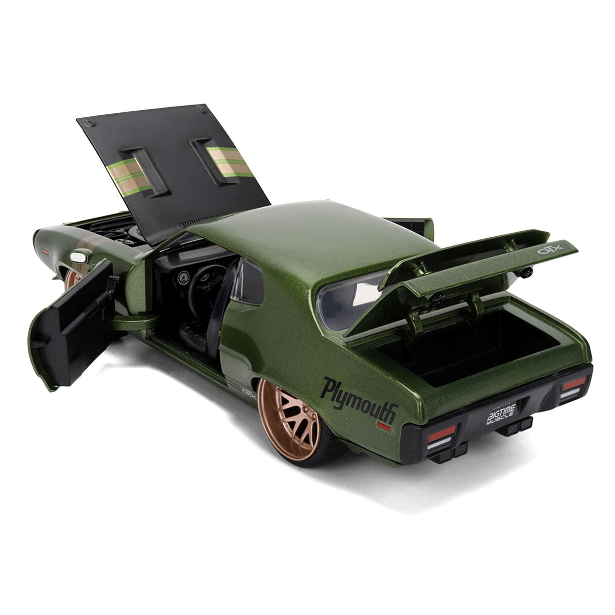 1972 Plymouth GTX Green Metallic with Matt Black Hood and Gold Stripes "Bigtime Muscle" Series 1/24 Diecast Model Car by Jada-Jada-ModelCars.com
