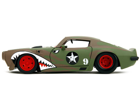 1972 Pontiac Firebird #9 Green Camouflage Flames with Graphics and Red Interior "Bigtime Muscle" Series 1/24 Diecast Model Car by Jada-Jada-ModelCars.com