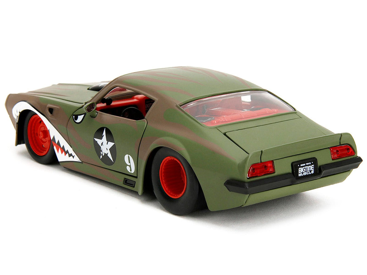 1972 Pontiac Firebird #9 Green Camouflage Flames with Graphics and Red Interior "Bigtime Muscle" Series 1/24 Diecast Model Car by Jada-Jada-ModelCars.com