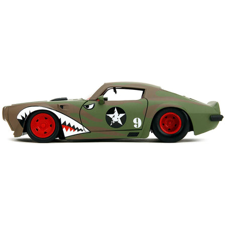 1972 Pontiac Firebird #9 Green Camouflage Flames with Graphics and Red Interior "Bigtime Muscle" Series 1/24 Diecast Model Car by Jada-Jada-ModelCars.com