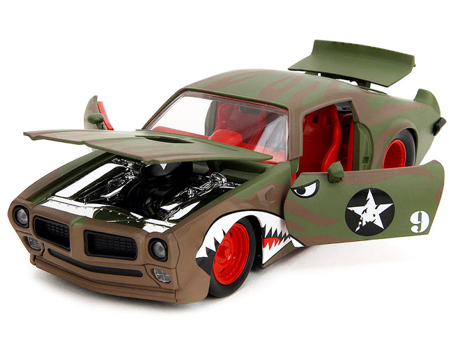 1972 Pontiac Firebird #9 Green Camouflage Flames with Graphics and Red Interior "Bigtime Muscle" Series 1/24 Diecast Model Car by Jada-Jada-ModelCars.com