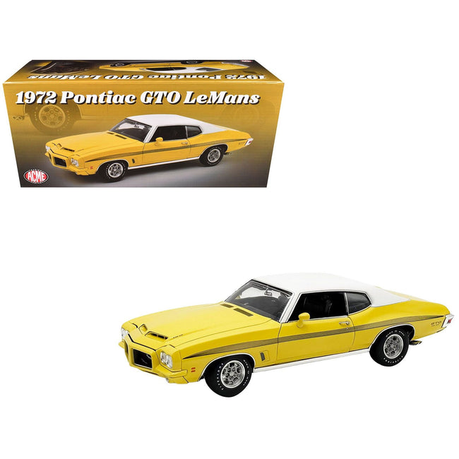 1972 Pontiac GTO LeMans Monarch Yellow with GTO Stripes and White Vinyl Top Limited Edition to 264 pieces Worldwide 1/18 Diecast Model Car by ACME-Acme-ModelCars.com