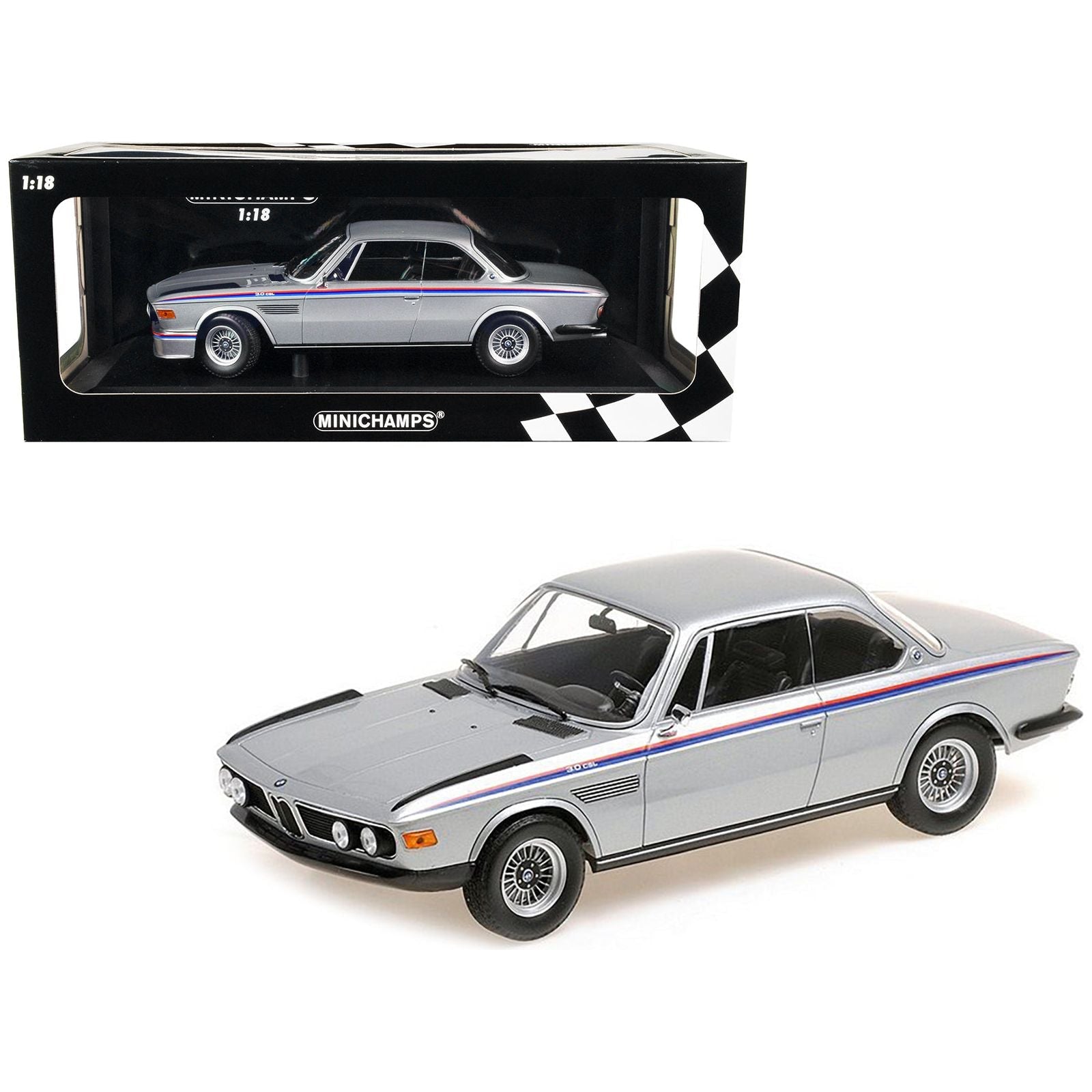 1973 BMW 3.0 CSL Silver Metallic with Red and Blue Stripes Limited Edition to 540 pieces Worldwide 1/18 Diecast Model Car by Minichamps - Minichamps - ModelCars.com