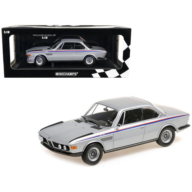 1973 BMW 3.0 CSL Silver Metallic with Red and Blue Stripes Limited Edition to 540 pieces Worldwide 1/18 Diecast Model Car by Minichamps - Minichamps - ModelCars.com