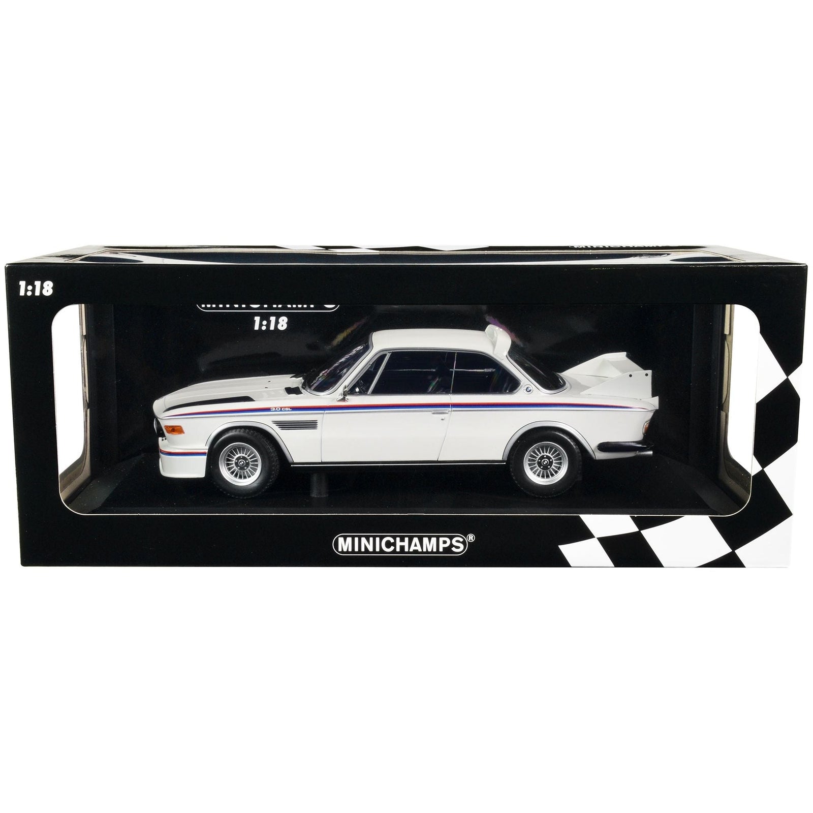 1973 BMW 3.0 CSL White with Red and Blue Stripes Limited Edition to 600 pieces Worldwide 1/18 Diecast Model Car by Minichamps - Minichamps - ModelCars.com