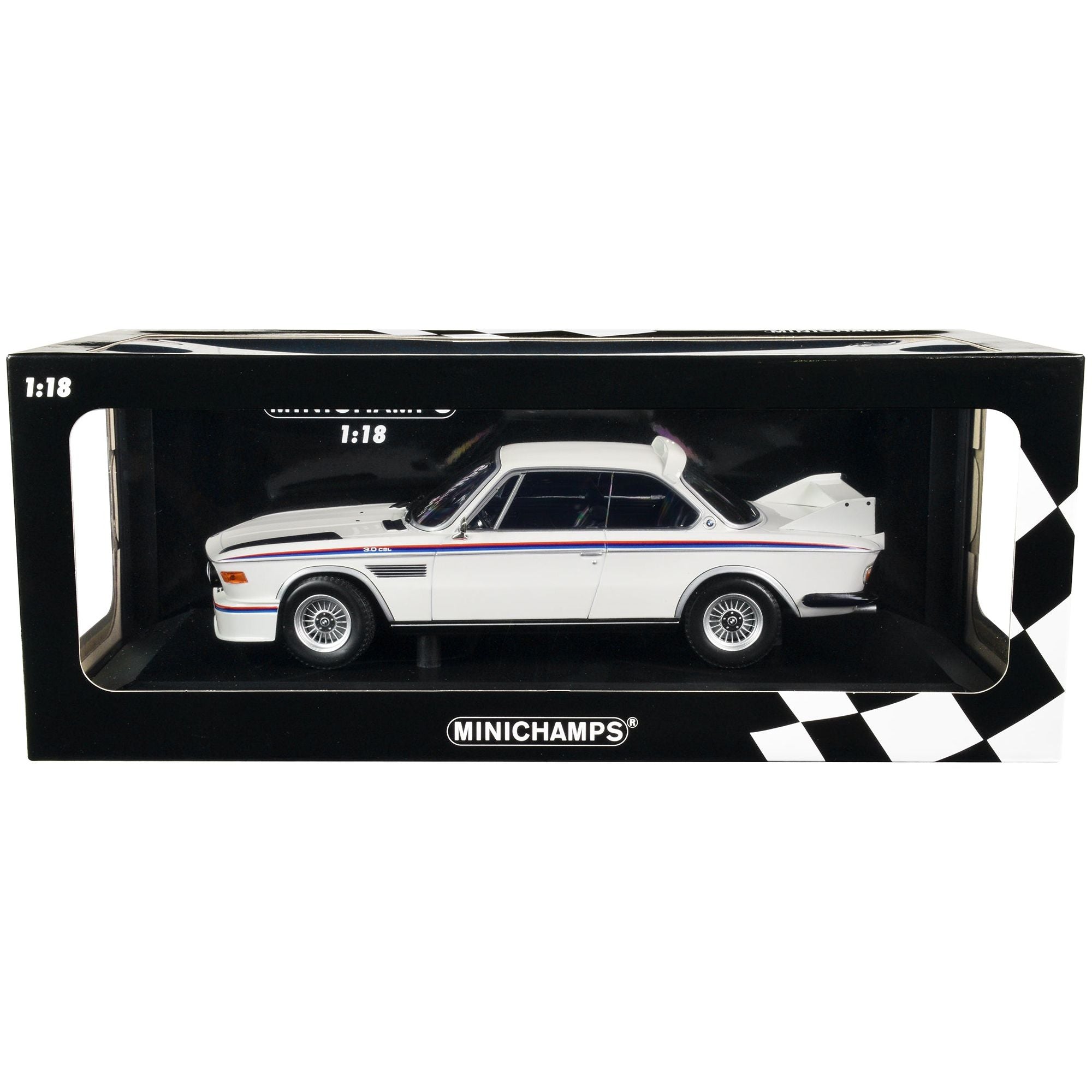 1973 BMW 3.0 CSL White with Red and Blue Stripes Limited Edition to 600 pieces Worldwide 1/18 Diecast Model Car by Minichamps - Minichamps - ModelCars.com