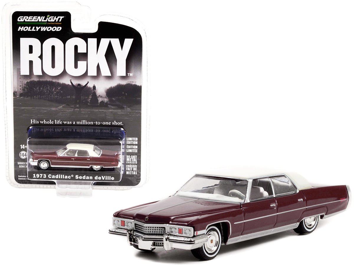 1973 Cadillac Sedan DeVille Burgundy with White Top "Rocky" (1976) Movie "Hollywood Series" Release 35 1/64 Diecast Model Car by Greenlight-Greenlight-ModelCars.com