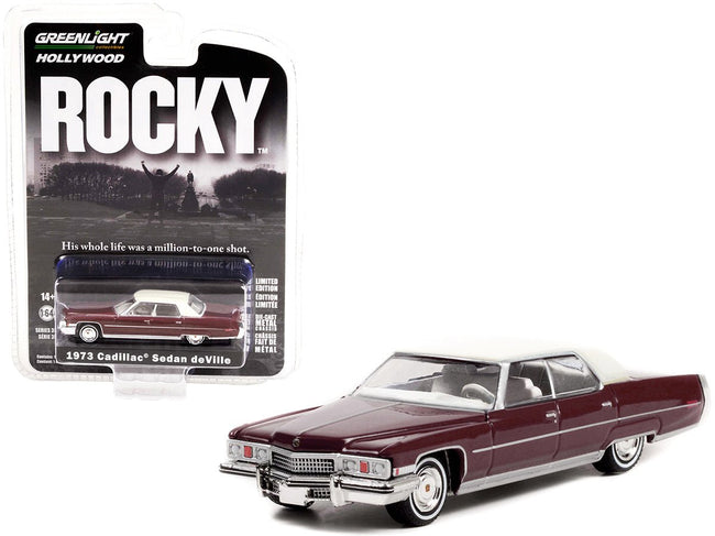 1973 Cadillac Sedan DeVille Burgundy with White Top "Rocky" (1976) Movie "Hollywood Series" Release 35 1/64 Diecast Model Car by Greenlight-Greenlight-ModelCars.com