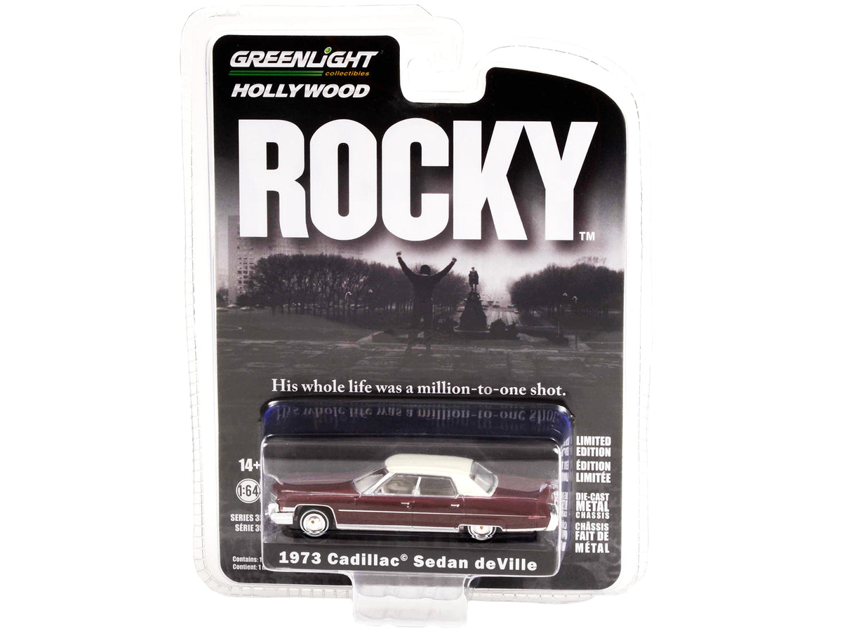 1973 Cadillac Sedan DeVille Burgundy with White Top "Rocky" (1976) Movie "Hollywood Series" Release 35 1/64 Diecast Model Car by Greenlight-Greenlight-ModelCars.com