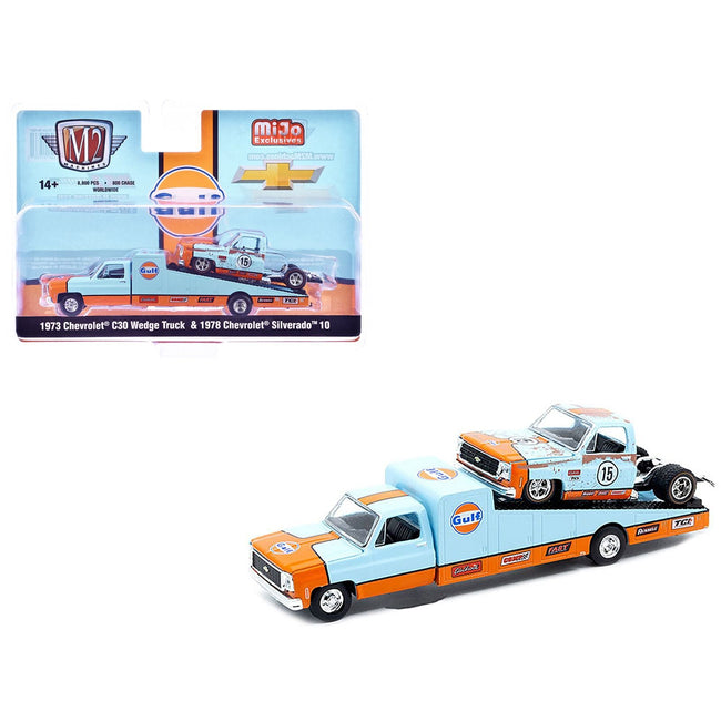 1973 Chevrolet C30 Wedge Truck Light Blue and Orange and 1978 Chevrolet Silverado 10 Bedless Truck #15 Light Blue and Orange (Rusted) "Gulf Oil" Limited Edition to 8000 pieces Worldwide 1/64 Diecast Model by M2 Machines-M2-ModelCars.com