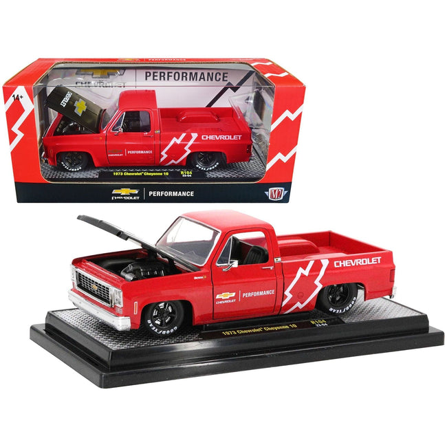1973 Chevrolet Cheyenne 10 Pickup Truck Bright Red with Black Hood "Chevrolet Performance" Limited Edition to 7250 pieces Worldwide 1/24 Diecast Model Car by M2 Machines-M2-ModelCars.com