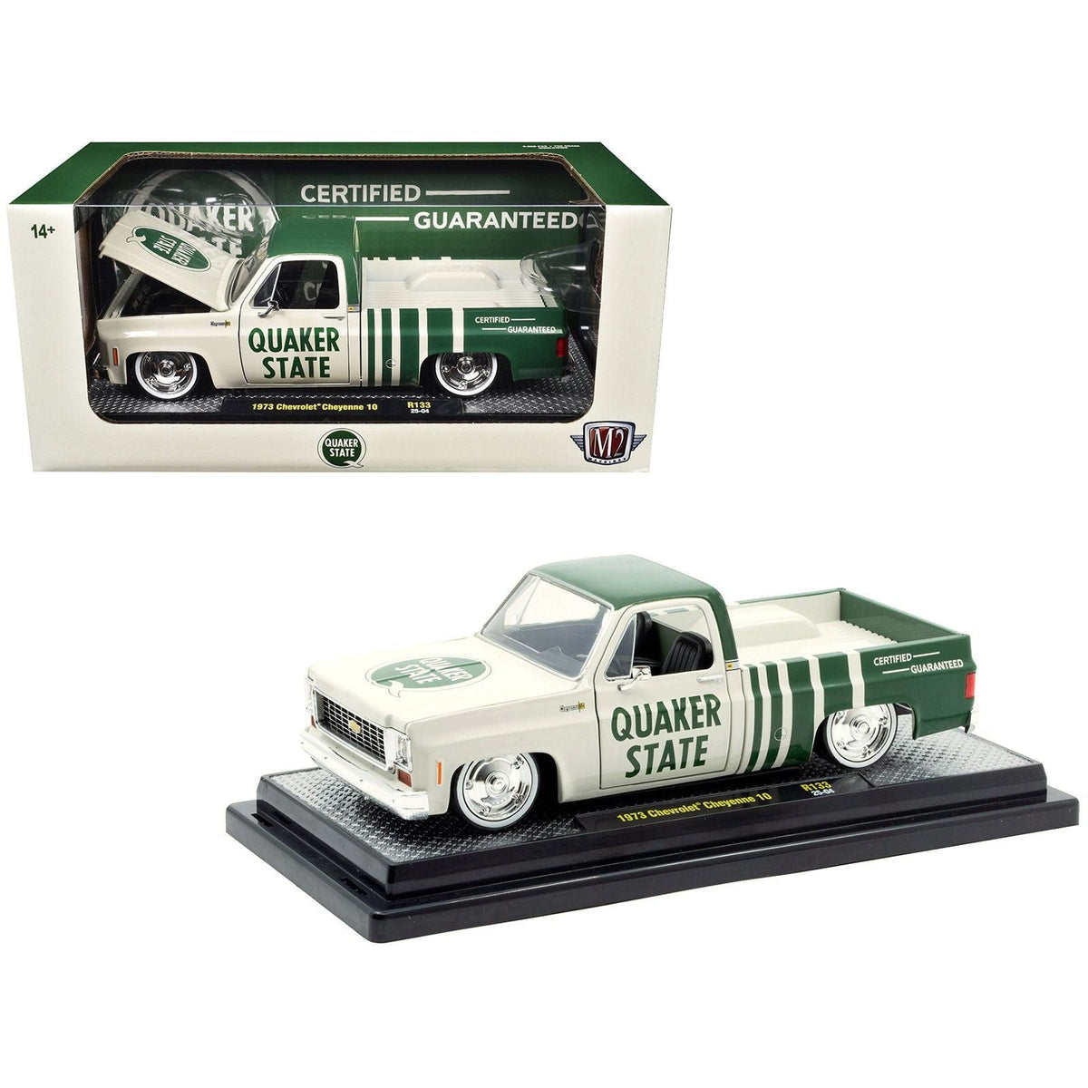 1973 Chevrolet Cheyenne 10 Pickup Truck "Quaker State" Beige and Green Limited Edition to 9600 pieces Worldwide 1/24 Diecast Model Car by M2 Machines-M2-ModelCars.com