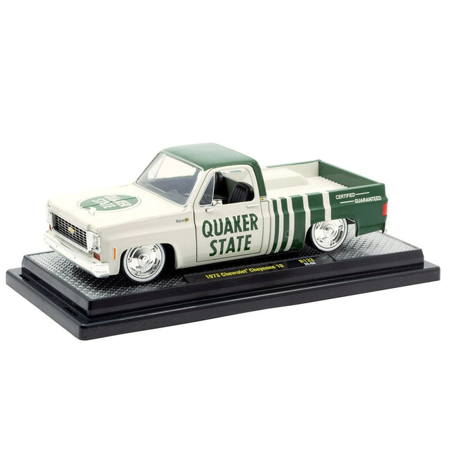 1973 Chevrolet Cheyenne 10 Pickup Truck "Quaker State" Beige and Green Limited Edition to 9600 pieces Worldwide 1/24 Diecast Model Car by M2 Machines-M2-ModelCars.com