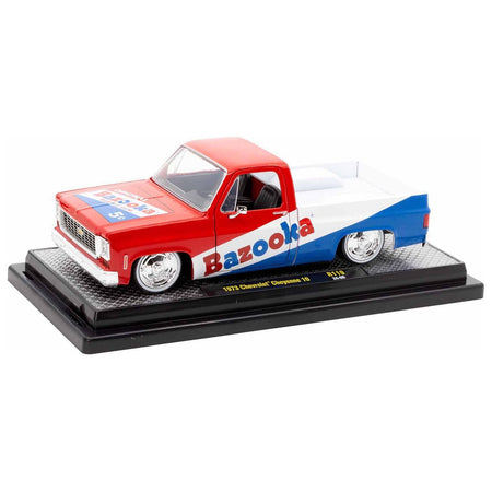 1973 Chevrolet Cheyenne 10 Pickup Truck Red and Blue with White Stripe "Bazooka Bubble Gum" Limited Edition to 6250 pieces Worldwide 1/24 Diecast Model Car by M2 Machines - M2 - ModelCars.com