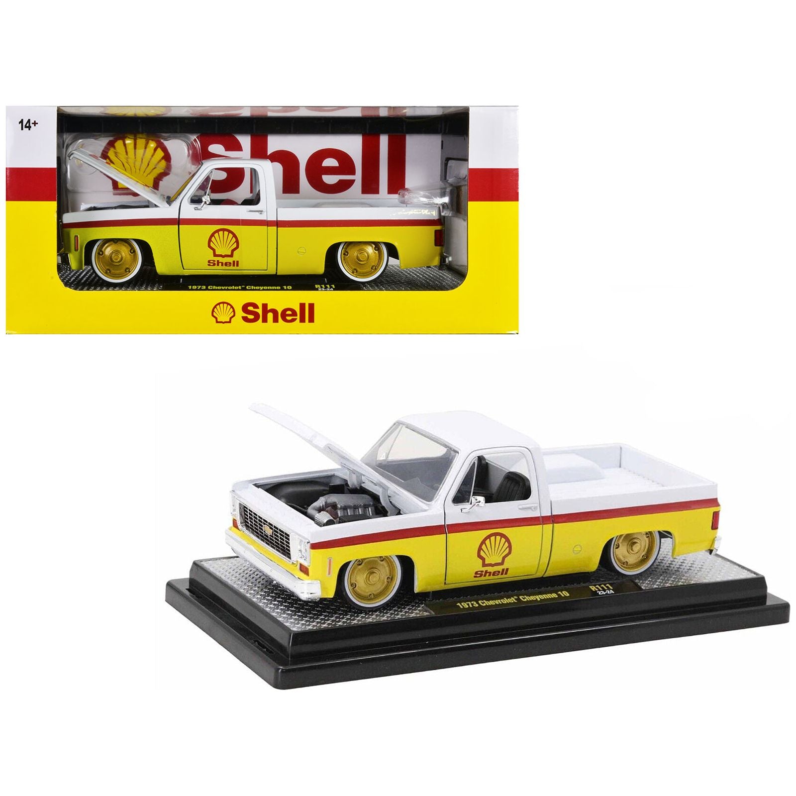 1973 Chevrolet Cheyenne 10 Pickup Truck White and Yellow with Red Stripes "Shell Oil" Limited Edition to 7050 pieces Worldwide 1/24 Diecast Model Car by M2 Machines - M2 - ModelCars.com
