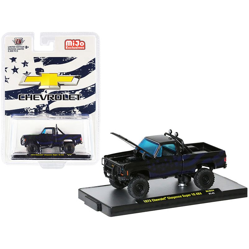 1973 Chevrolet Cheyenne Super 10 4x4 Pickup Truck Black with American Flag Graphics Limited Edition to 5500 pieces Worldwide 1/64 Diecast Model Car by M2 Machines - M2 - ModelCars.com