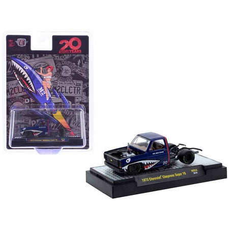 1973 Chevrolet Cheyenne Super 10 Bedless Truck Blue with Shark Mouth Graphics "20 Year Anniversary M2 Designer Sean Taylor" Limited Edition to 11726 pieces Worldwide 1/64 Diecast Model Car by M2 Machines - M2 - ModelCars.com